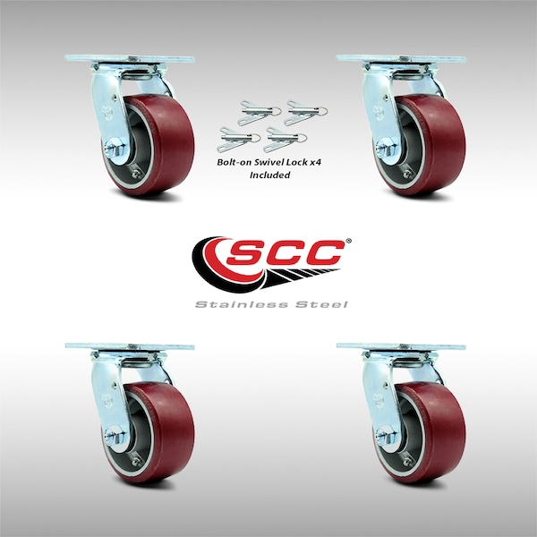 4 Inch SS Poly on Aluminum Swivel Caster Set with Ball Bearing and Swivel Lock